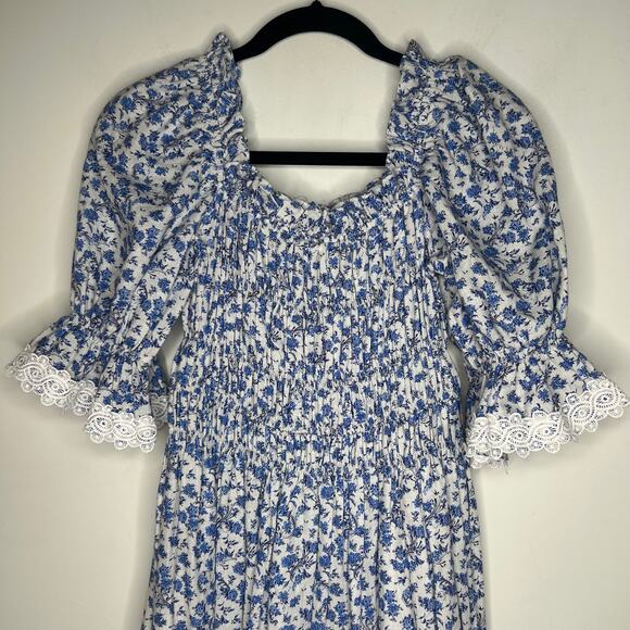 Lug Von Siga Blue Floral Smocked Elisa Maxi Dress Size 38/6 - Picture 9 of 10
